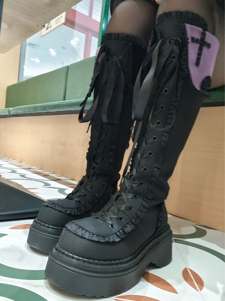 Purple Gothic Details with Platform Knee-high Ruffle Boots Version Cross in Design Black Regular