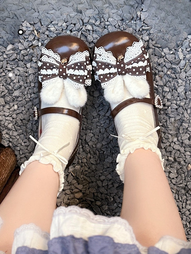 Lolita Bunny Shoes Pom Mary Jane Brown Sweet with Ears Tail