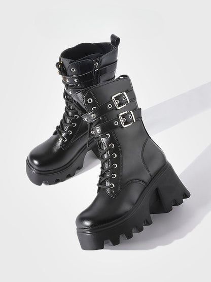 Chunky Lace-Up Heel Closure Dual System Punk on with Platform - Inner Buckle Zip Boots Black