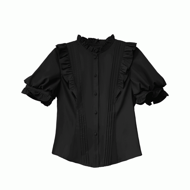 Black Ruffle Neckline Blouse with Puff Sleeves and Pleating Details