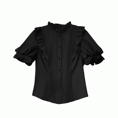 Black Ruffle Neckline Blouse with Puff Sleeves and Pleating Details