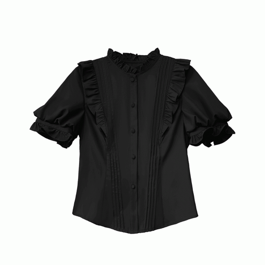 Black Ruffle Neckline Blouse with Puff Sleeves and Pleating Details