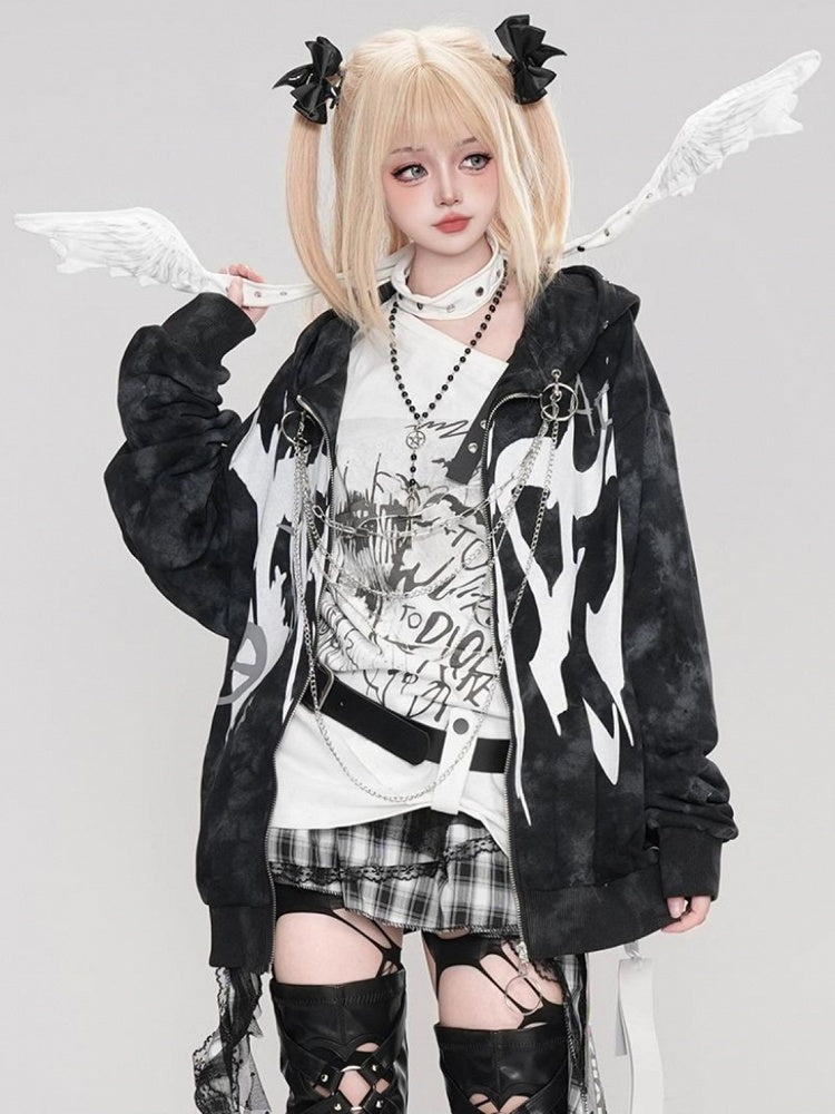 Punk Black Letters Print Ketten-Kapuzenpullover mit Reißverschluss