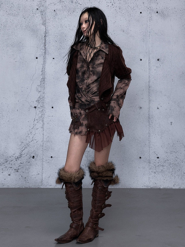 Long Shirt - Plaid Two-piece Sleeve Red Pattern Top Collar Brown