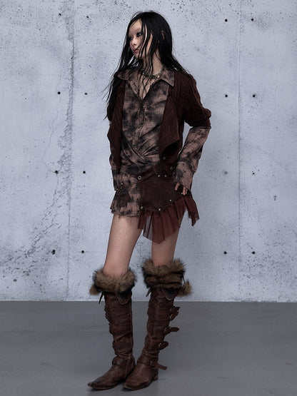 Long Shirt - Plaid Two-piece Sleeve Red Pattern Top Collar Brown