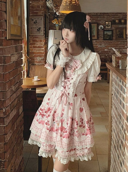 Pink Bunny and Cherry Print Short-Sleeve OP Dress with Matching Skirt - Doki Cherry