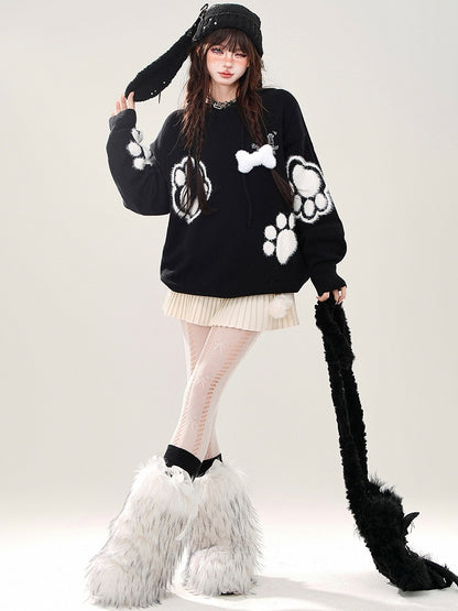 Black/White Cute Paw Appliques Puppy Ears Hoodie