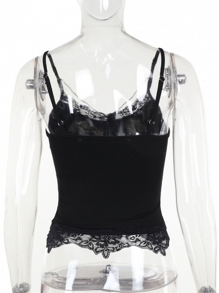 Black Cross Bat Halloween Pendant with Print Cami Chain Lace Trim Gothic Y2K Top