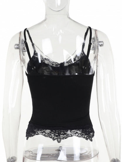 Black Cross Bat Halloween Pendant with Print Cami Chain Lace Trim Gothic Y2K Top