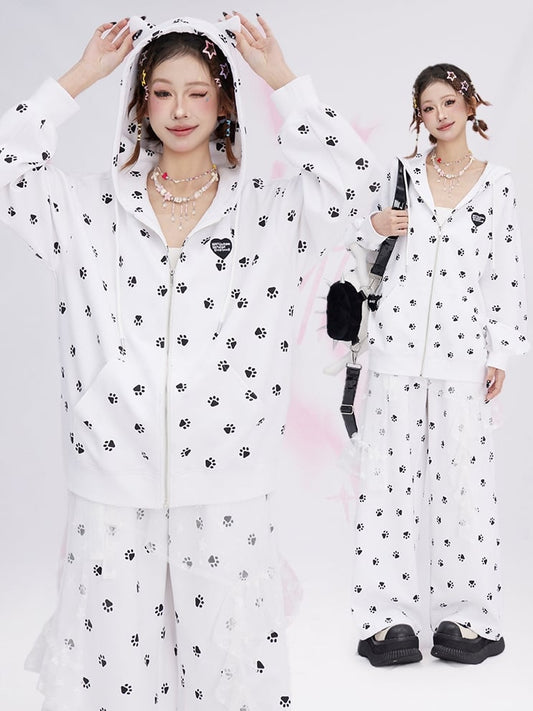 White Cat Paws Allover Cat Ears Design Spring Zip Hoodie