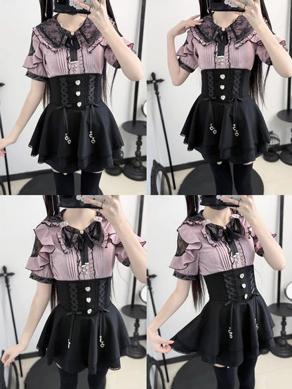 Black Lace Double Kei Cutouts Bow Blouse Collar Jirai Style and Shoulder Purple
