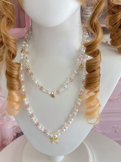 And Bowknot Pink/Blue Pendant Beaded Necklace Floral