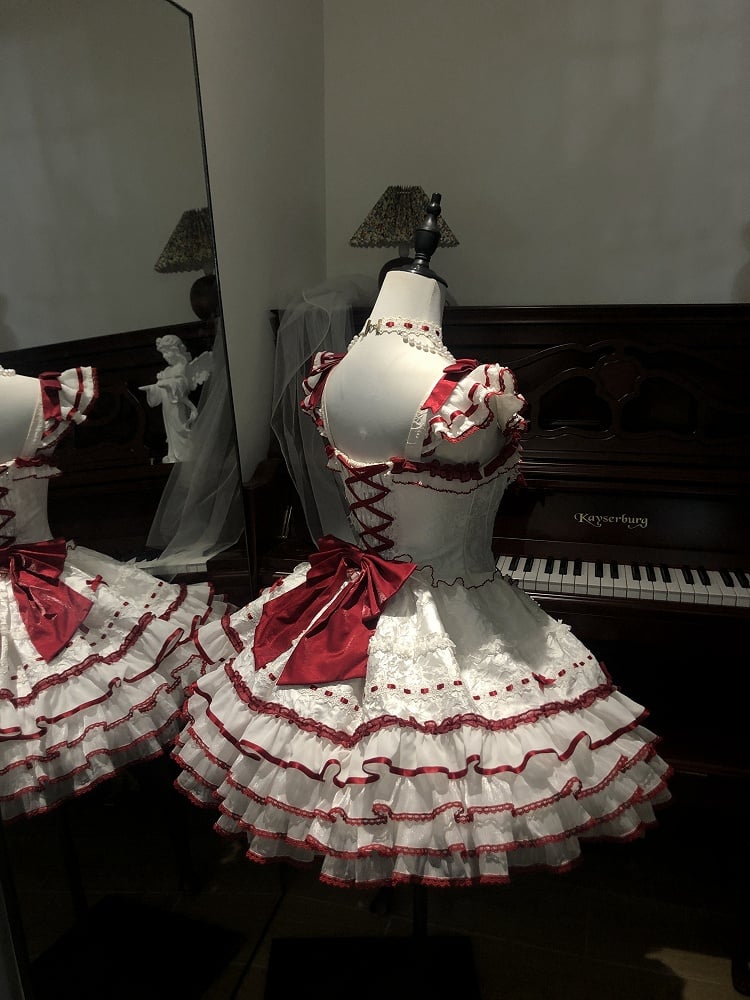 Rüschen Akzente Rock Weiß Schleife Pullover Tiered Prinzessin Rot Lolita
