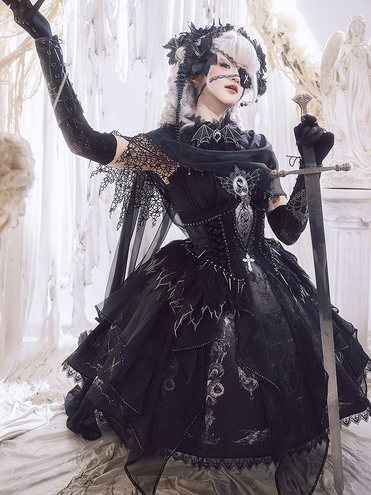 Black & Gray Bone Dragon Embroidery Halter Neck Gothic Lolita Dress Set - Ying Luo Fu