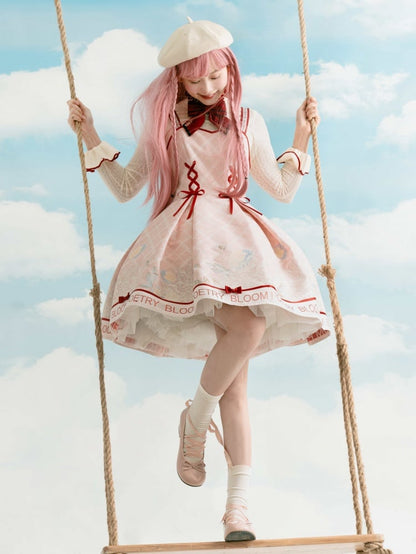 Pink and Red Trim Lace-up Front Jumper Skirt + Apricot Long Sleeves Top