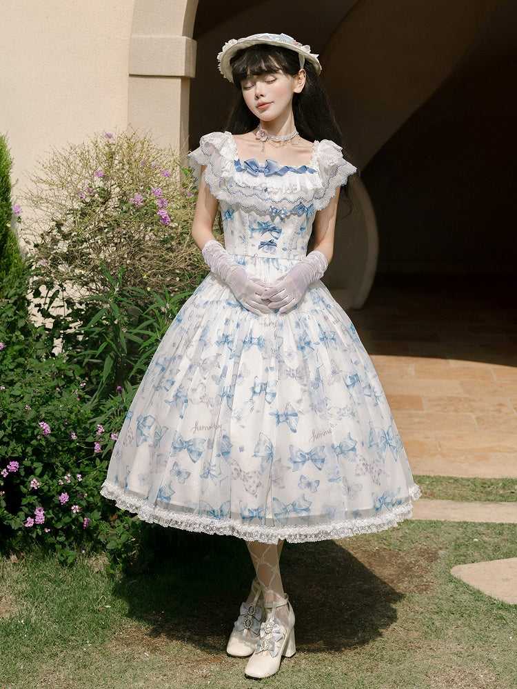 Blue Bows and Butterfly Print Lolita Dress Two Ways Wear Neckline