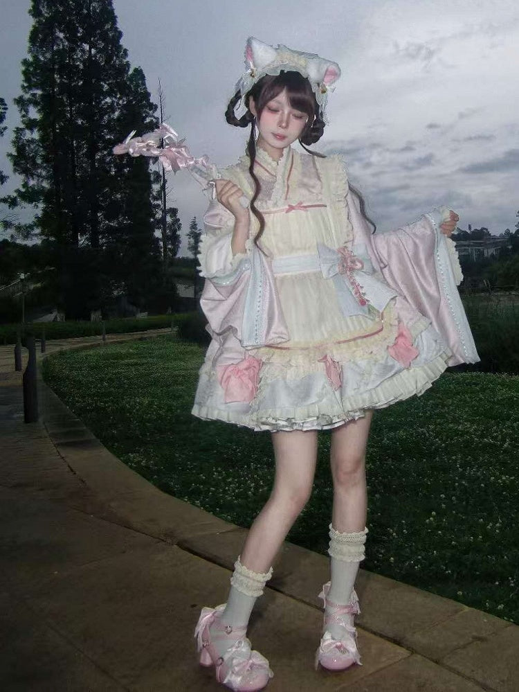 Hanfu-Inspired Lolita Top, Ruffle Mini Skirt & Apron Set in Pink Blue - Berry Story Lolita