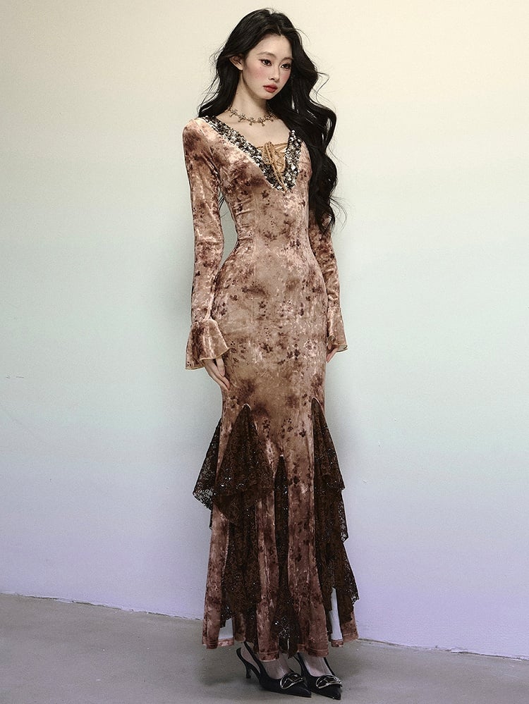 Kaffee Pailletten V-Ausschnitt Hohe Taille Spitze Patchwork Volant Meerjungfrau Rock Samtkleid Abendkleid