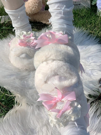 Ruffle - Lace Pink Slippers Bow with 2cm/4cm Platform Knotted Lolita Plush Heart Sweet Winter Trim