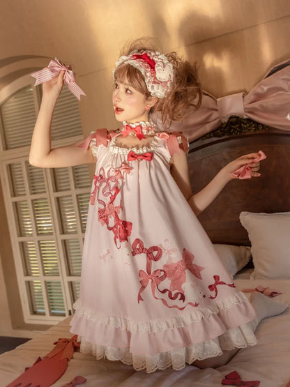 Kleid mit Schleife, Ösen, gewelltem, süßem rosa Besatz und Lolita-Häschen