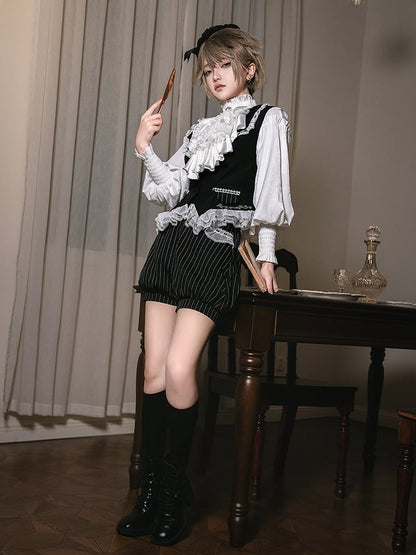 Ouji Lolita Waistcoat with Cross Embroidery and Lace Hem - With PUJI