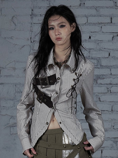 ブラウンホワイトバックルレースアップ柄ストライプデザインウェイストランド装飾シャツパンク