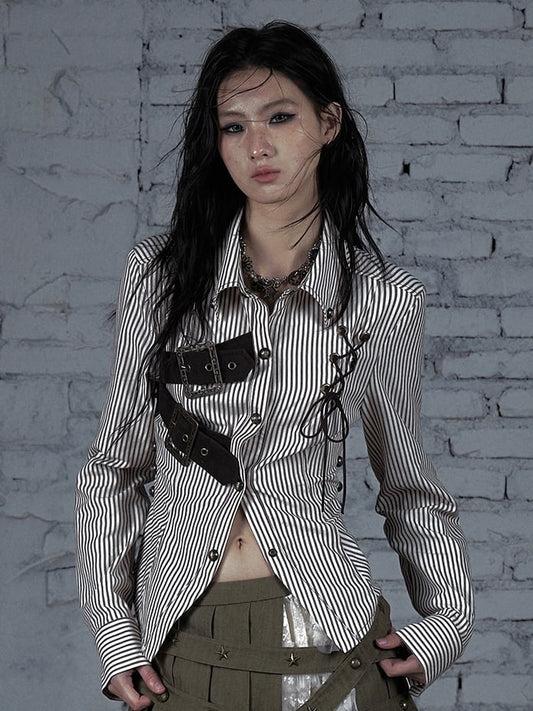 BrownWhite Buckle Lace-Up Pattern Striped Design Wasteland Decorated Shirt Punk