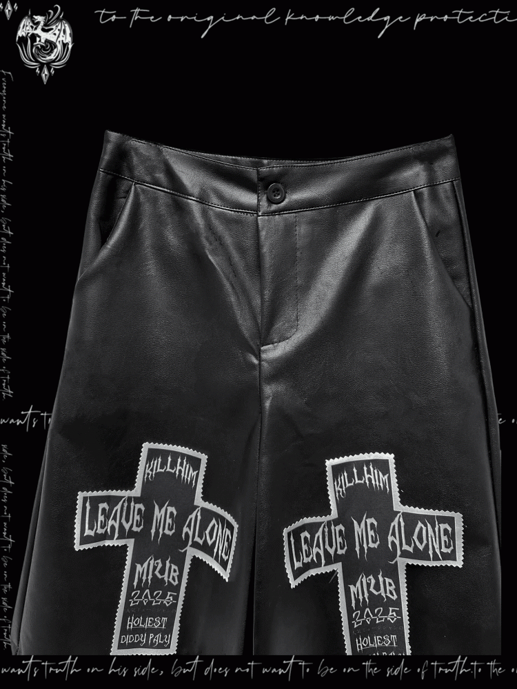 Rock Y2K Black Cross Applique Punk PU Wide-Leg Pants