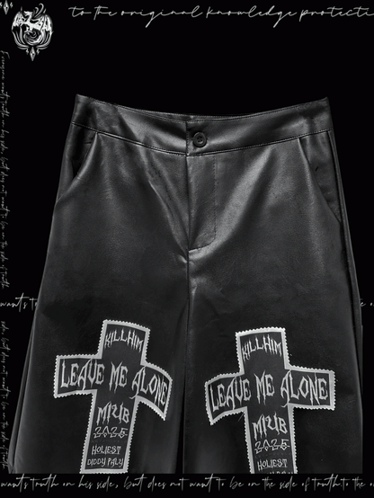 Rock Y2K Black Cross Applique Punk PU Wide-Leg Pants