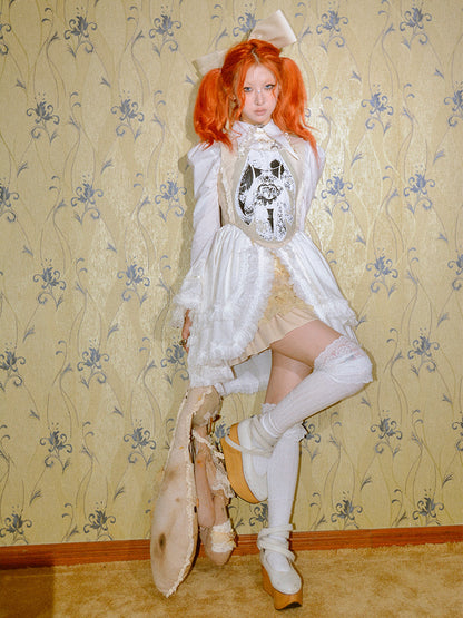 Punk Beige Tank Trim Print with Ruffled Graphic Lace Top