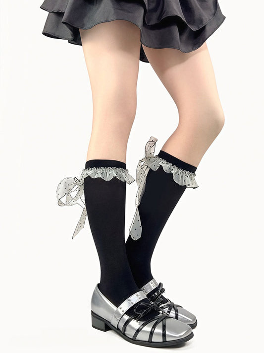 Socks Pattern Polka-dot Calf Straps Creamy White/Black Trim Bowknot with Lace
