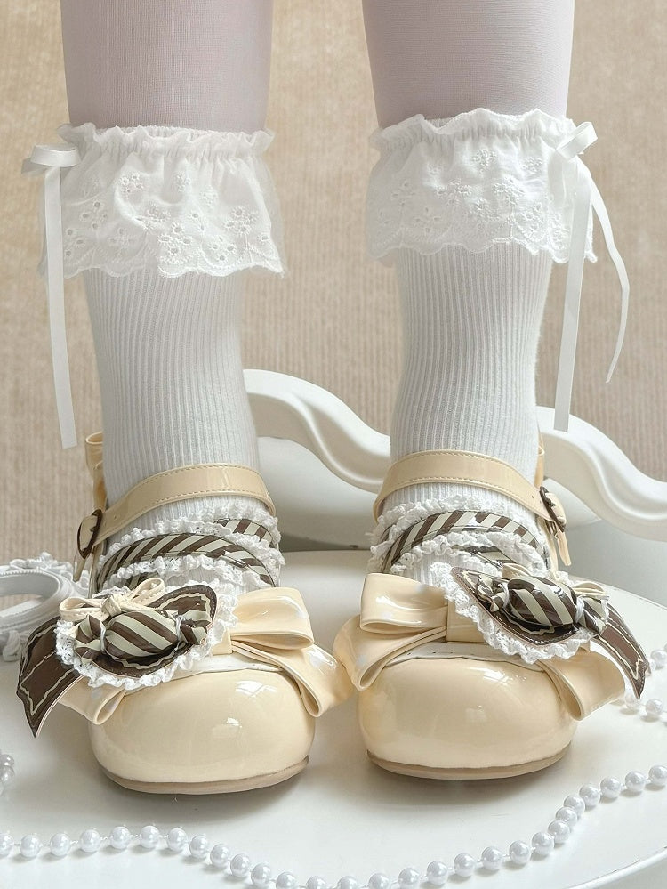 Lolita PU Mary Clip Heart Brown Leather Yellow Low-heel Janes - Candy in Sweet