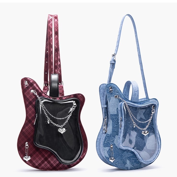 Edgy 2-Way Y2K Black  Red Plaid Guitar-Shaped Ita Bag With Heart Chain Accents