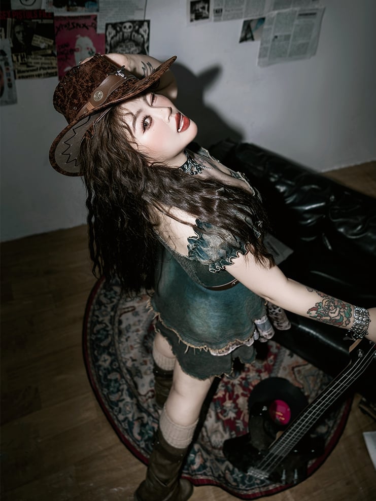 Mode mit blauen Puffärmeln Jeanskleid Leopardengürtel Patchwork Plus Size Gyaru Taille