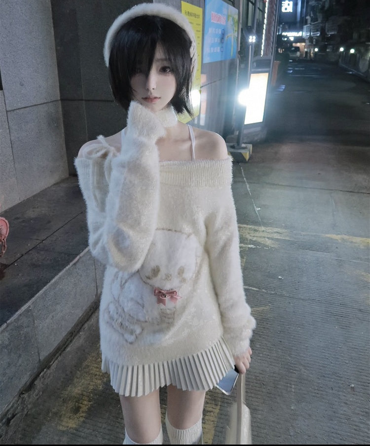 with Plush Pink Sweater Bow Off-Shoulder Beige Kawaii Puppy Details Bell