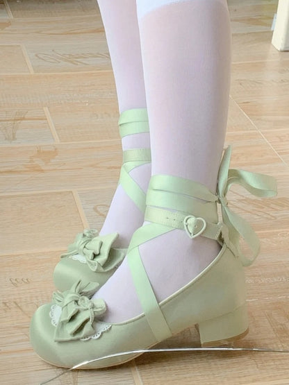 3.5cm Heeled Sweet Lolita Green Ballet Shoes - Bow at Top & Wrap-Around Ankle Tie