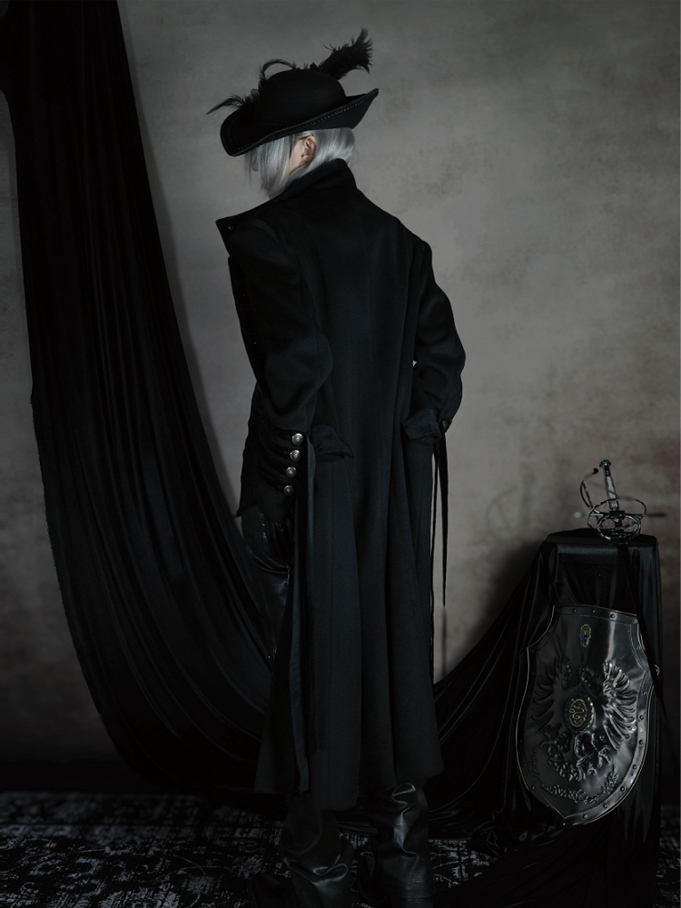 Long Gothic Coat Detials Strap Mock Neck Black with Buckle Royal