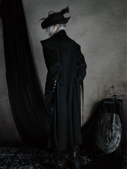 Long Gothic Coat Detials Strap Mock Neck Black with Buckle Royal
