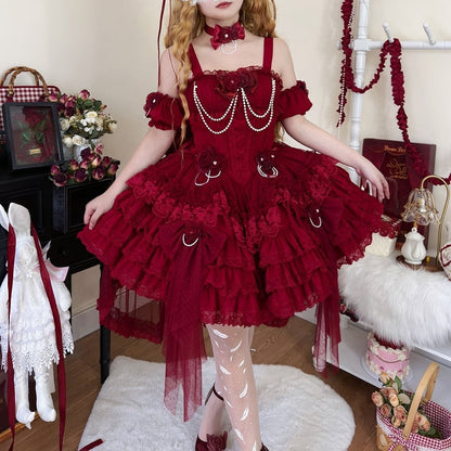 ウエストフラワーバスク裾フェアリースカートドレスジャンパーティアードレッドロリータ花嫁