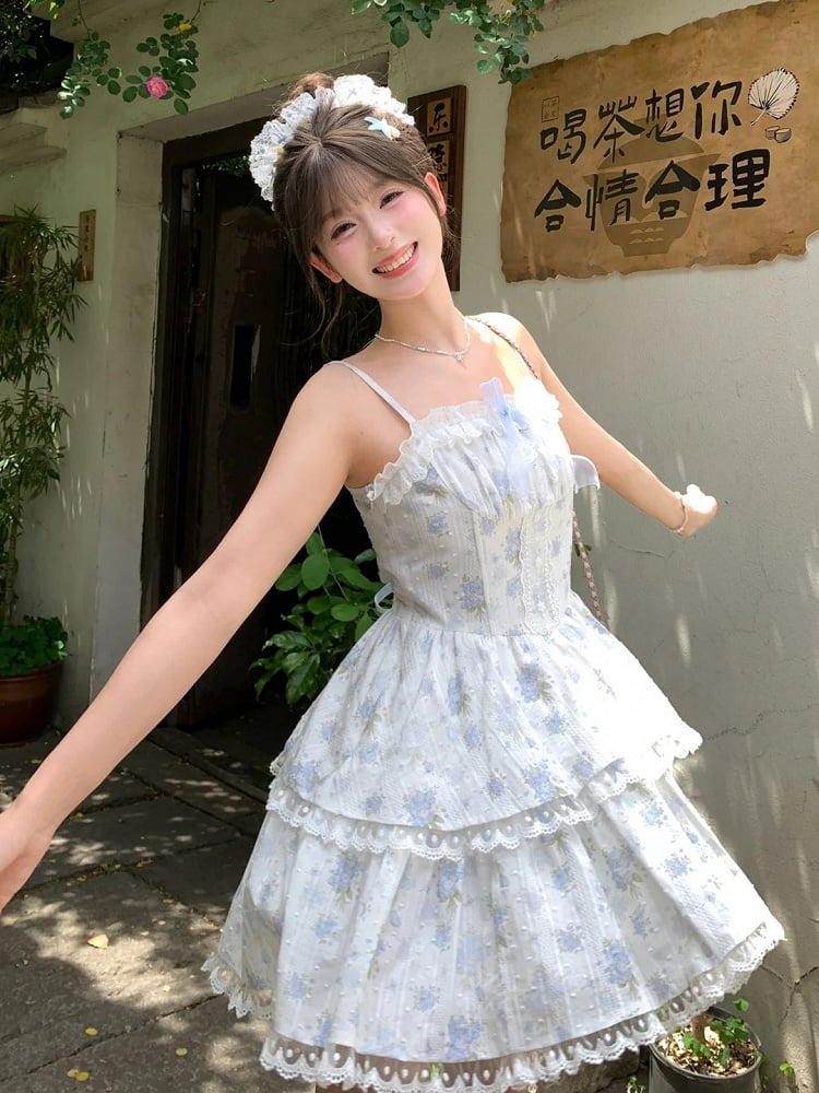 Short Skirt Floral Light Blue Lace Trim Tiered Cami Dress with Version Back Lace-up