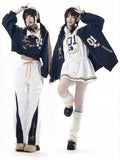 Dark Patch Style Blokette Core Zip-Up Shield Blue with | '01' Print Preppy Number Jacket