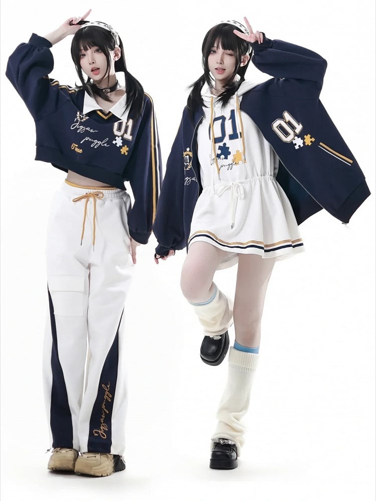 Dark Patch Style Blokette Core Zip-Up Shield Blue with | '01' Print Preppy Number Jacket