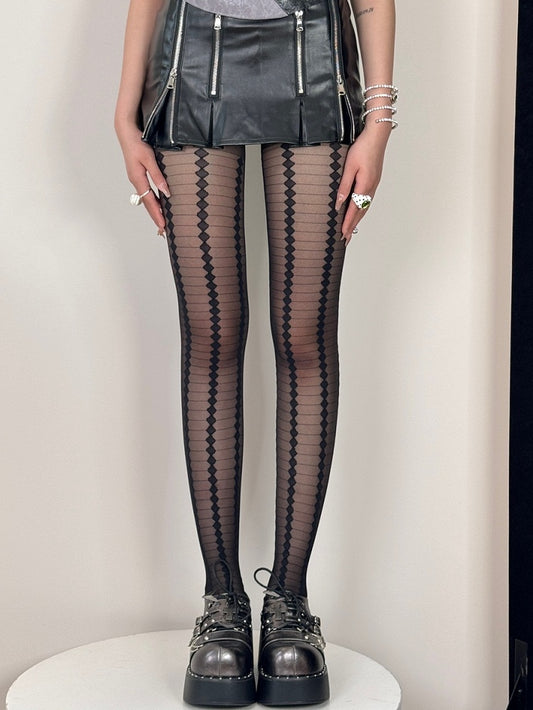 Black Pattern Diamond Striped Punk And Tights