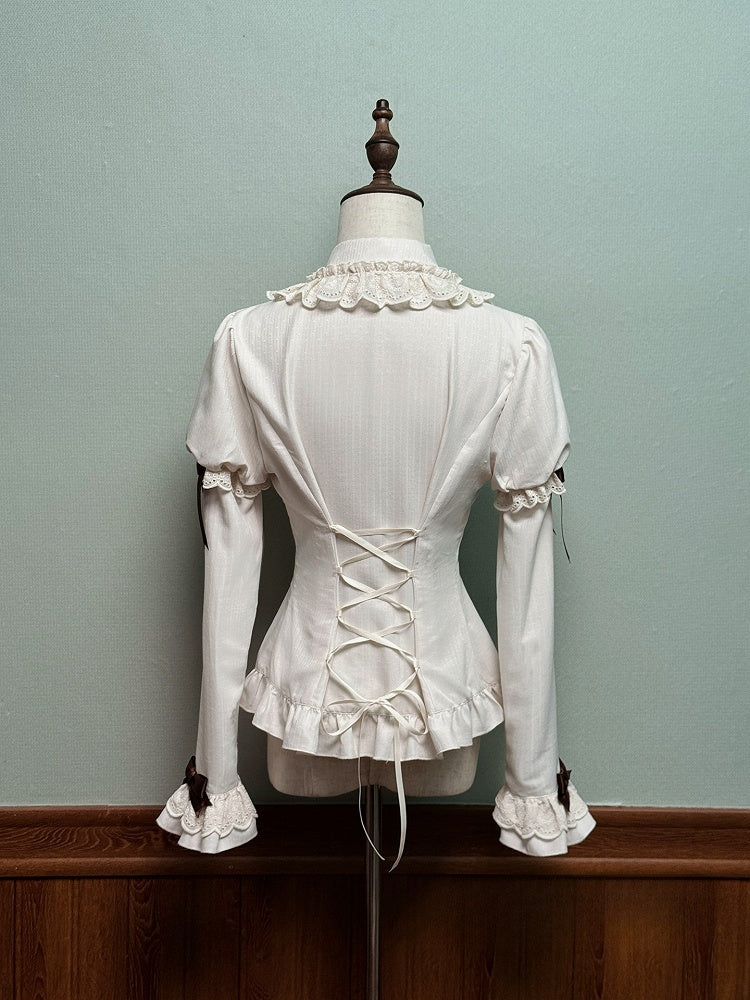 Blouse and Brown Accents Sleeves with Lace Juliette Lolita Beige Bow Trim