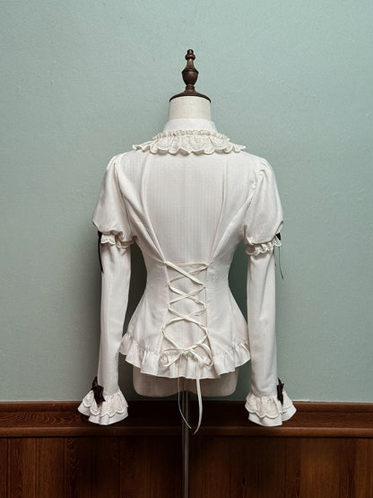 Blouse and Brown Accents Sleeves with Lace Juliette Lolita Beige Bow Trim