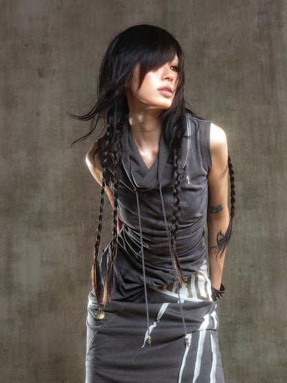 Cross Zipper Drawstring Gray Vest Asymmetrical Punk Neckline Charms with Dark
