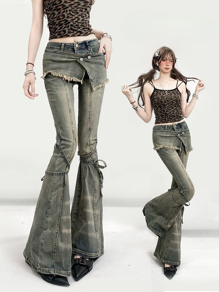 Design Jeans Silhouette Schnürung Verblasst Glamourös Waschung Bittersüß Detail Kawaii Grün Flare