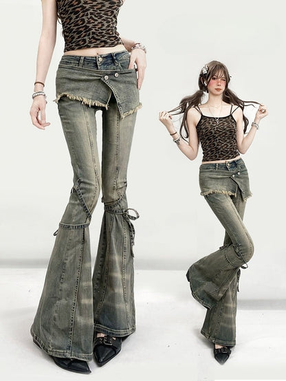 Design Jeans Silhouette Schnürung Verblasst Glamourös Waschung Bittersüß Detail Kawaii Grün Flare