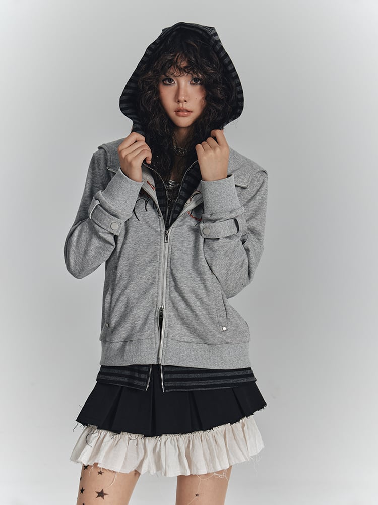 Hooded Wing Embroidery Hoodie Two-in-One Striped Inner Gray with Crop Punk Jacket
