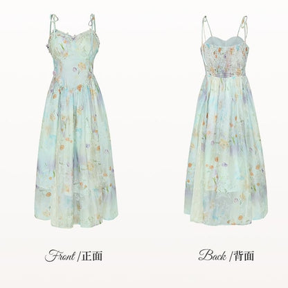 Urlaub Plus Größe Cami Kleid Spitze Patches Saum Ölgemälde Druck Weiß